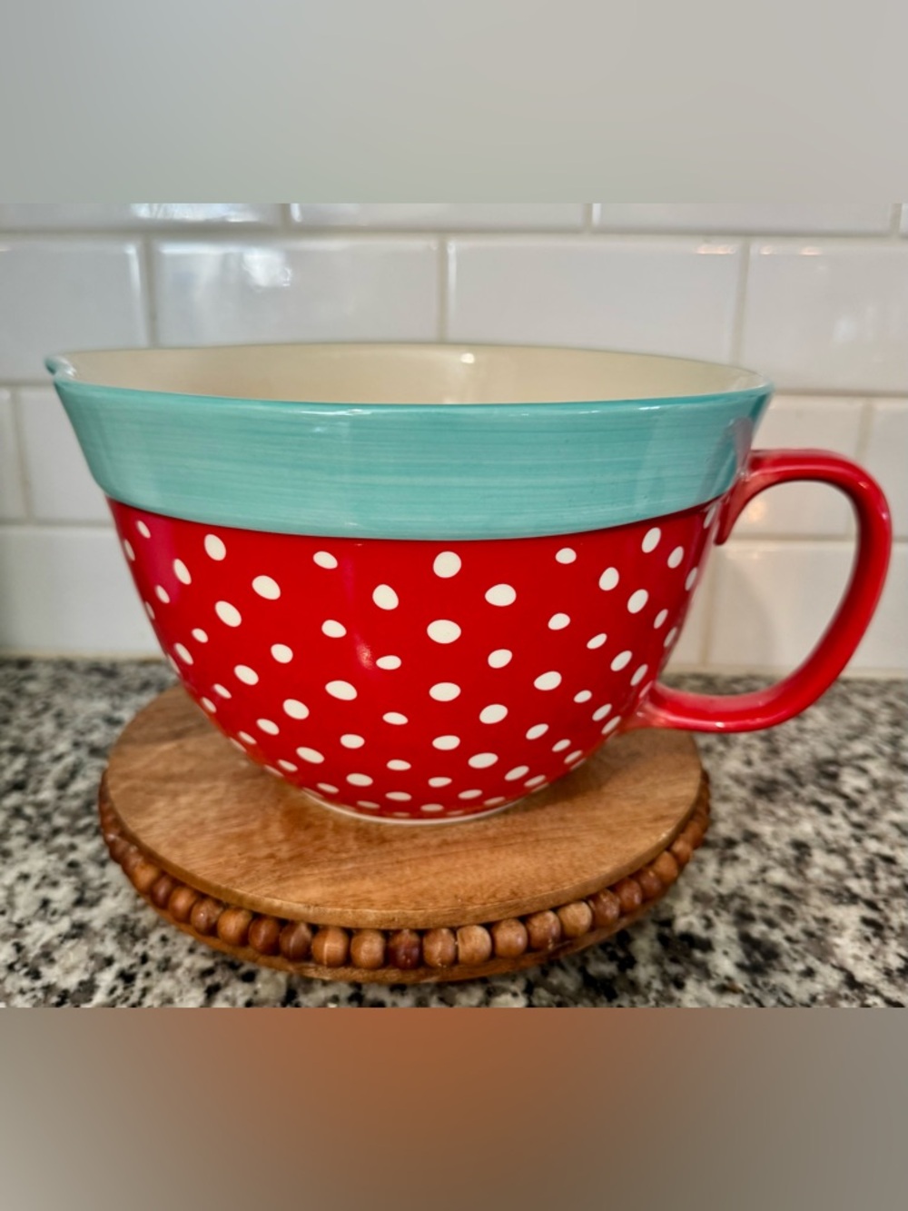 The Pioneer Woman Red Polka Dot Handled Mixing Bowl with Aqua Rim 2.83 Quart